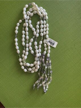 Pearl and Lavender Bead Multi-Strand Tassel Necklace